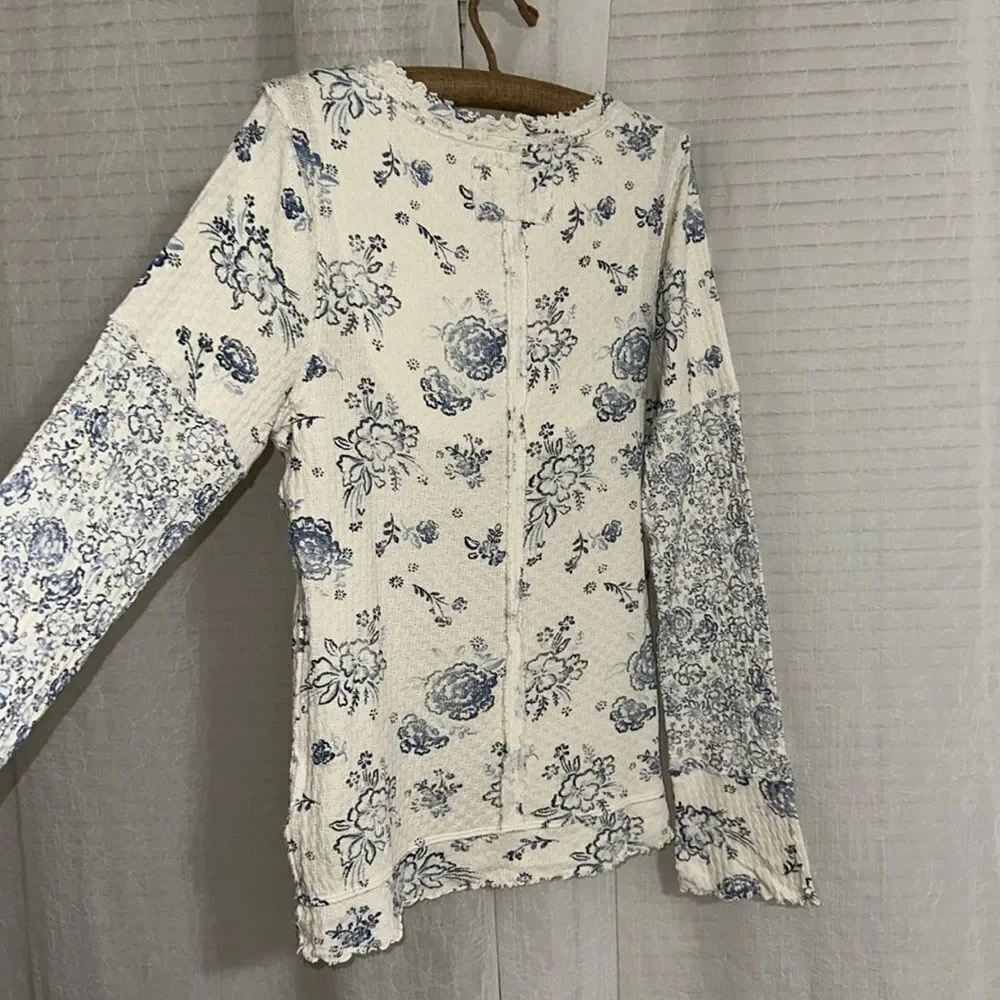 free people XL Ivory Blue Clover Floral Long Sleeve Cotton Thermal Top